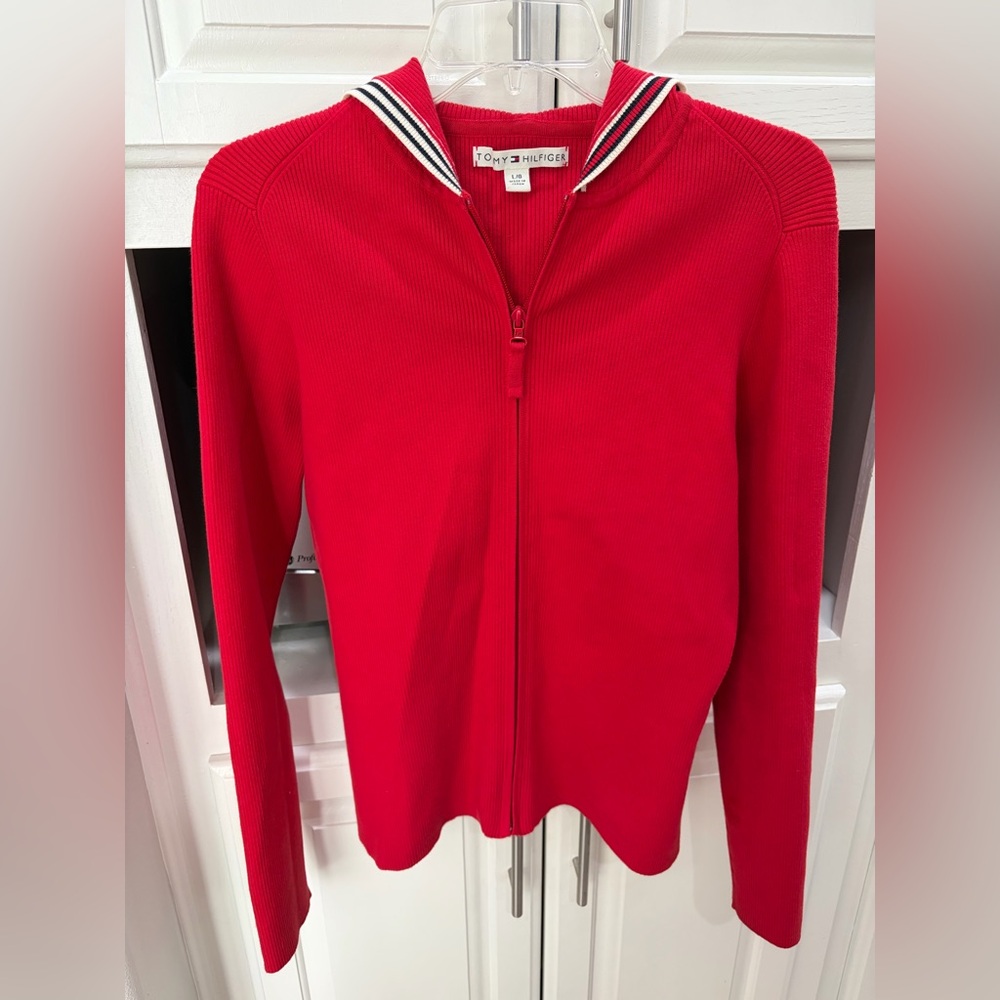 Tommy Hilfiger Ribbed Red Knit full zip up hoodie sweater Slim fit EUC